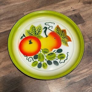 Vintage | Enamel Fruit Serving Tray Green Rim Retro Kitchen Decor